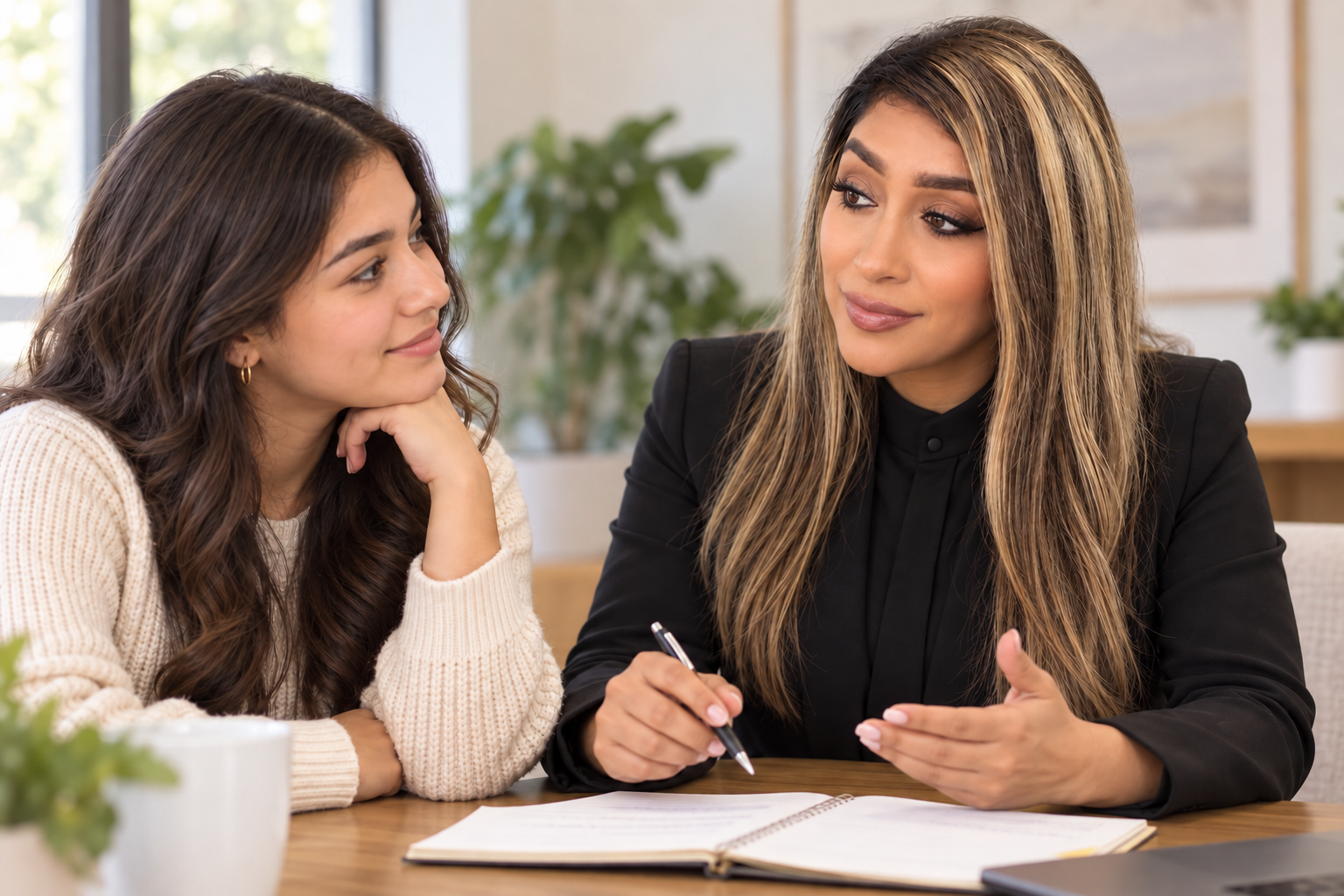 Leticia mentoring a young adult at a table