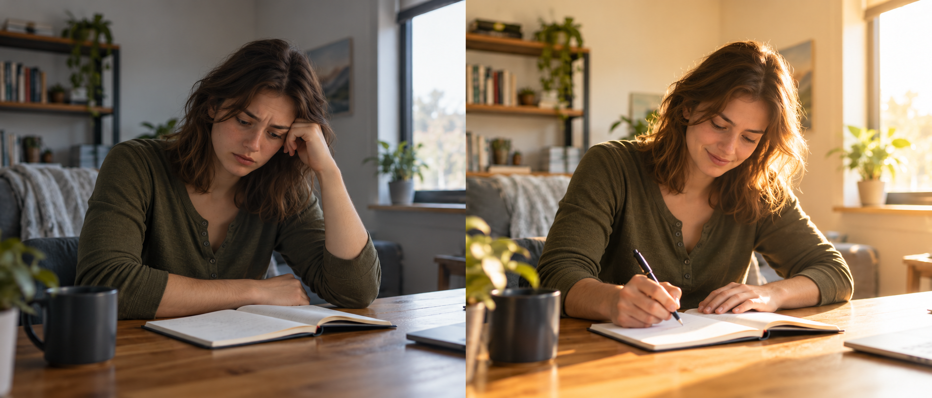 A woman in her 20s shown moving from uncertainty to calmly planning her next step